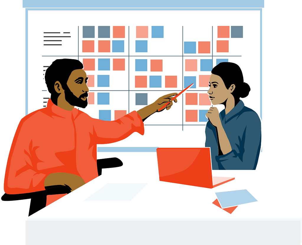 Illustration of two colleagues collaborating sitting at a table with a laptop in the foreground and a whiteboard with sticky notes in the background.